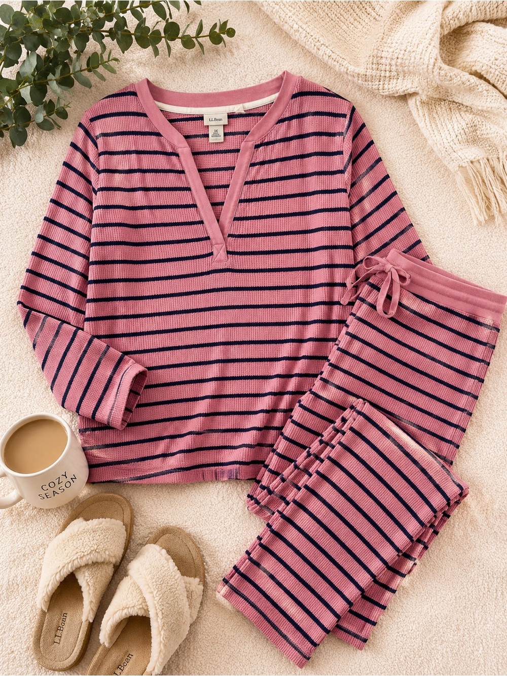 L.L.Bean Women’s 1X Plus Pink Navy Striped Waffle Knit Pajama Lounge Set